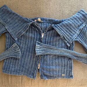 Blue Ribbed Off-Shoulder Sweater